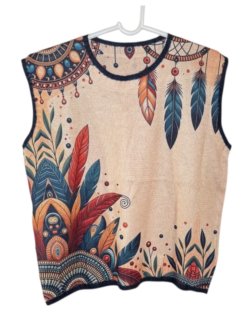 New Boho Dreamcatcher Feather Print Sleeveless Sweater Vest Size L